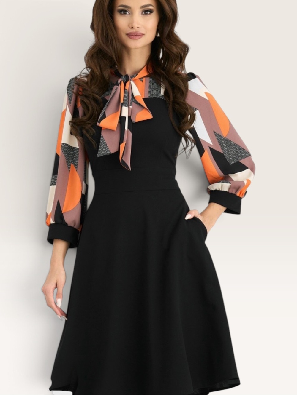 Tulip B Dark olive green Fit-and-Flare Dress with Orange Patterned Tie Medium - Picture 6 of 6
